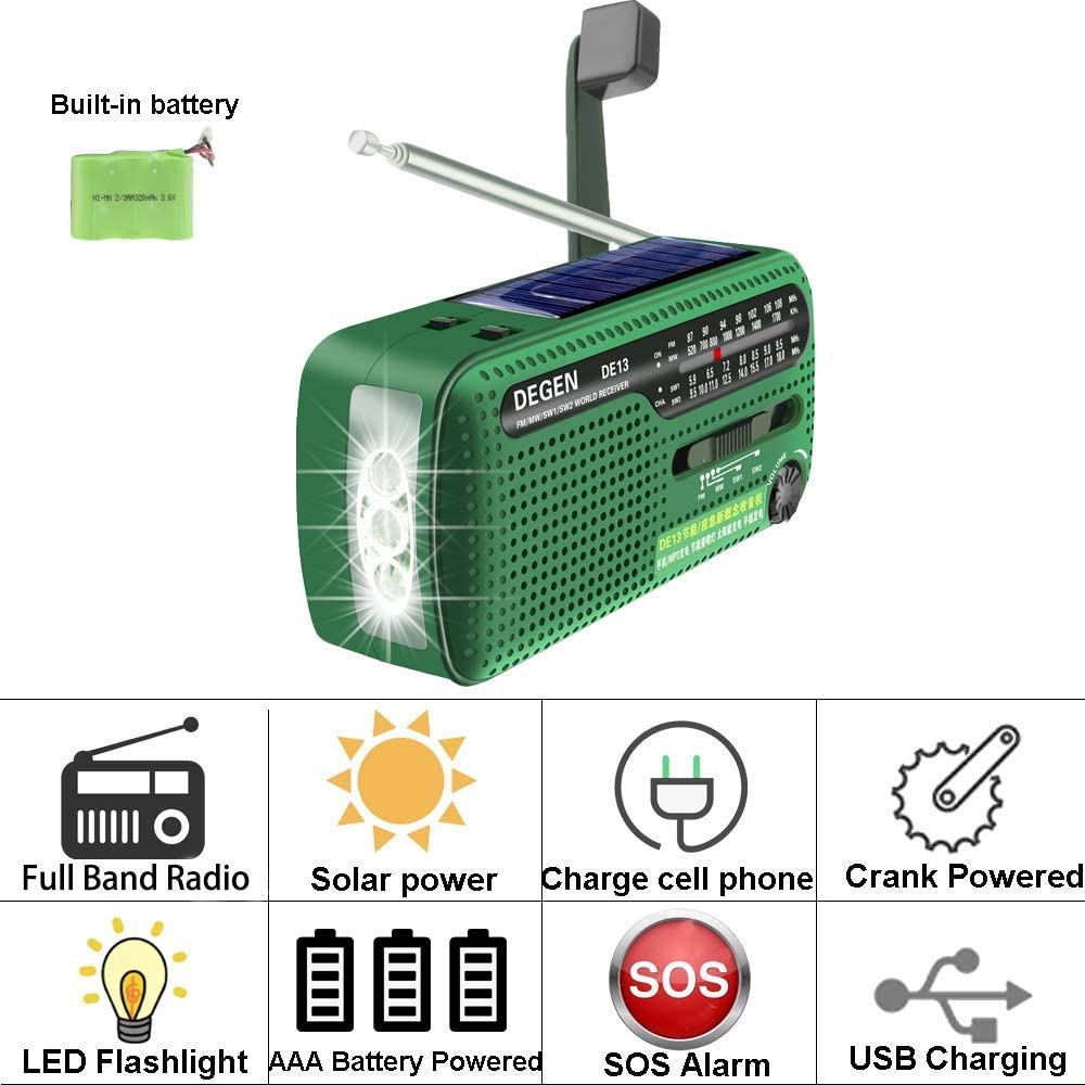 Image shows radio in green and symbold explaining all the feature, these include full band radio, solar power, charge phone, wind up, flashlight, battery powered, sos alarm and usb charging