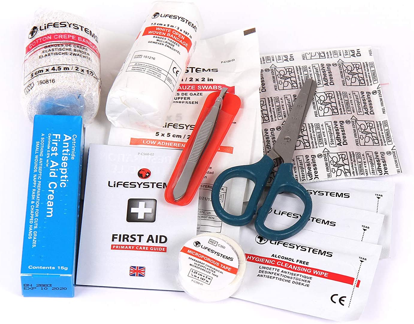 Contents of the Lifesystems pocket first aid kit laid out