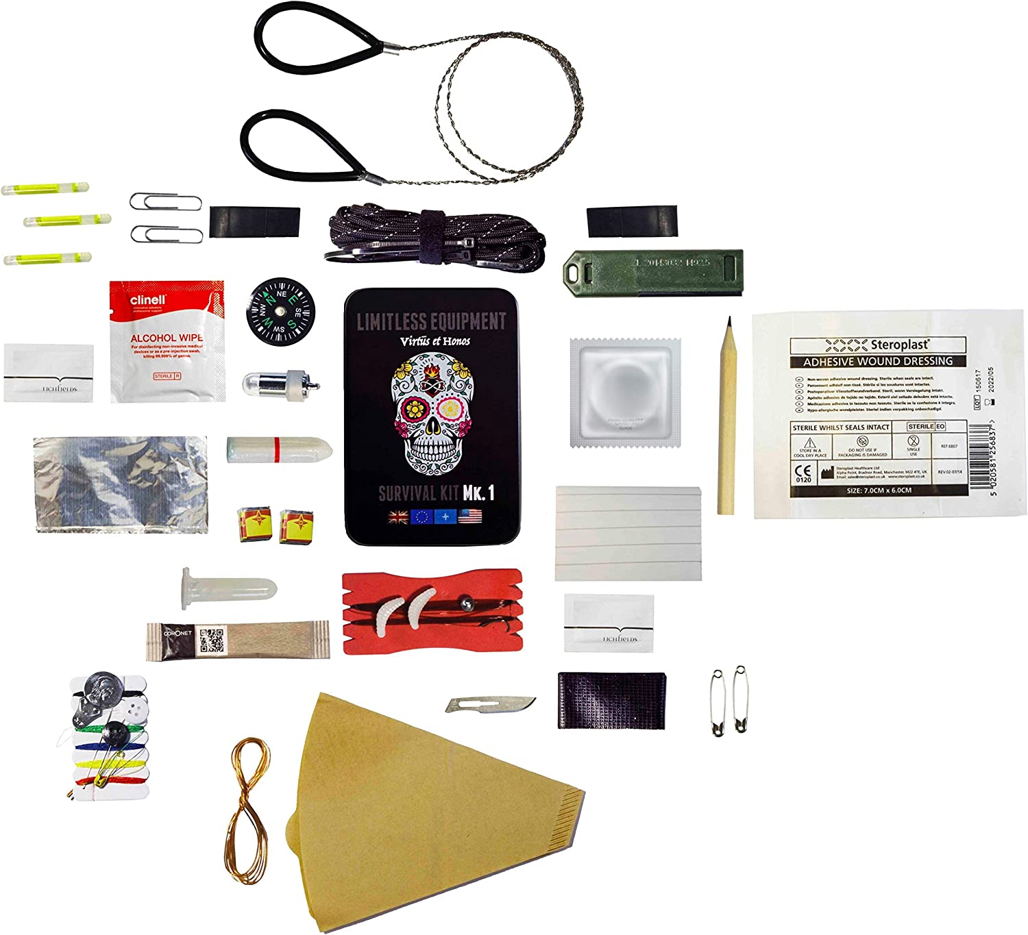 Contents of the Mark One professional survival kit, laid out on a table