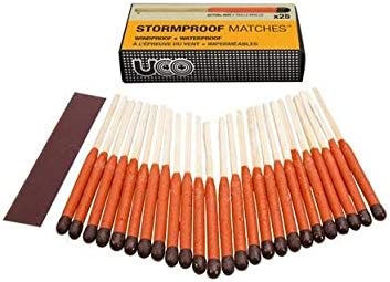 Hurricane survival matches laid out in a row, the box it also displayed in the image